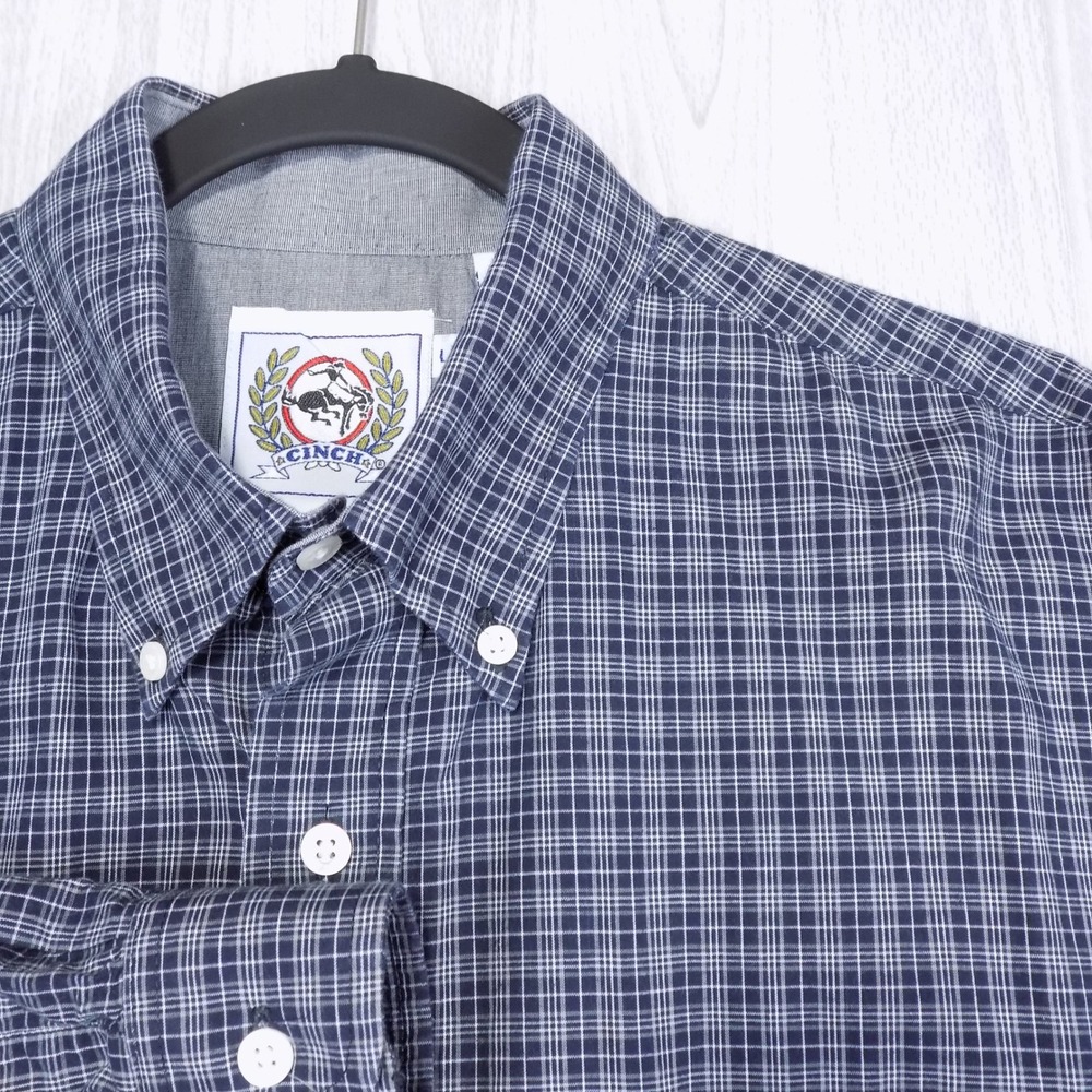 Cinch Shirt Mens Large Miller Style Navy Blue Plaid Button Down‎ Vintage EUC